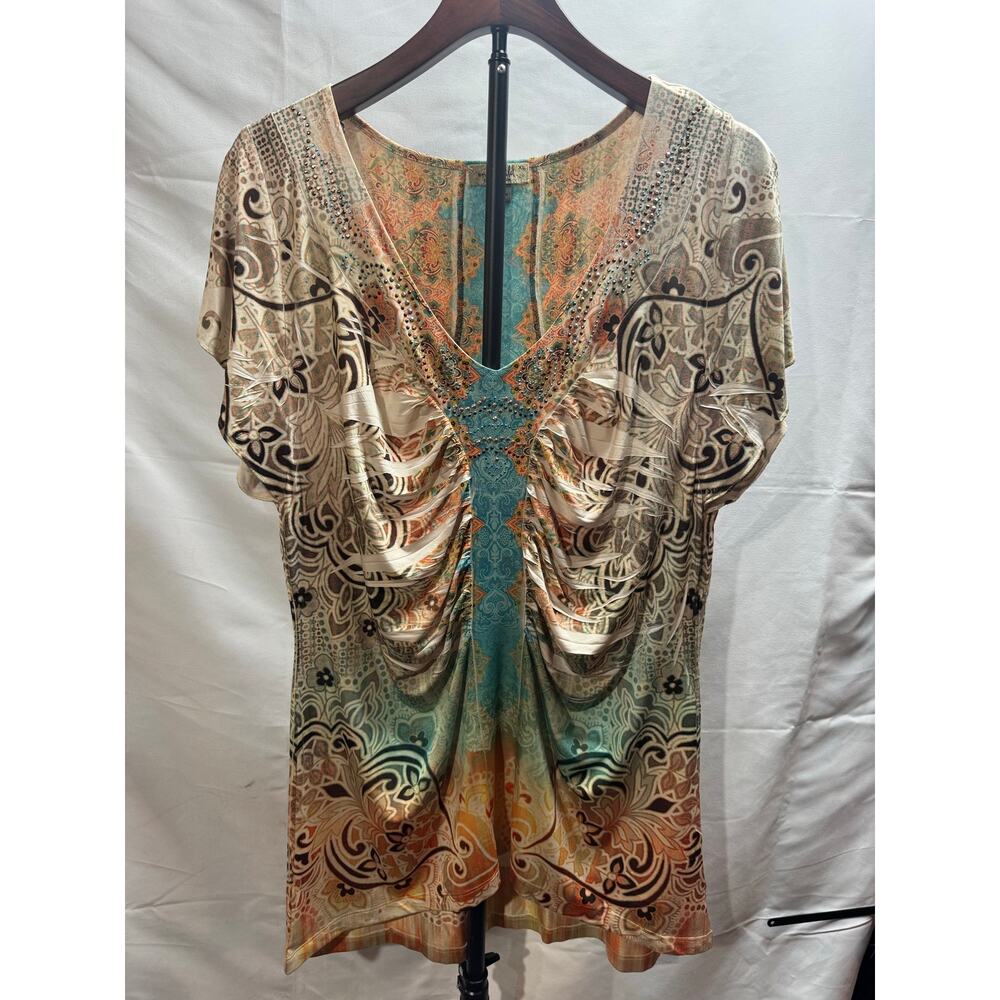 One World Live and Let Live Womens XL Top Cap Sleeve Embellished Rhinestone Boho - Picture 2 of 11